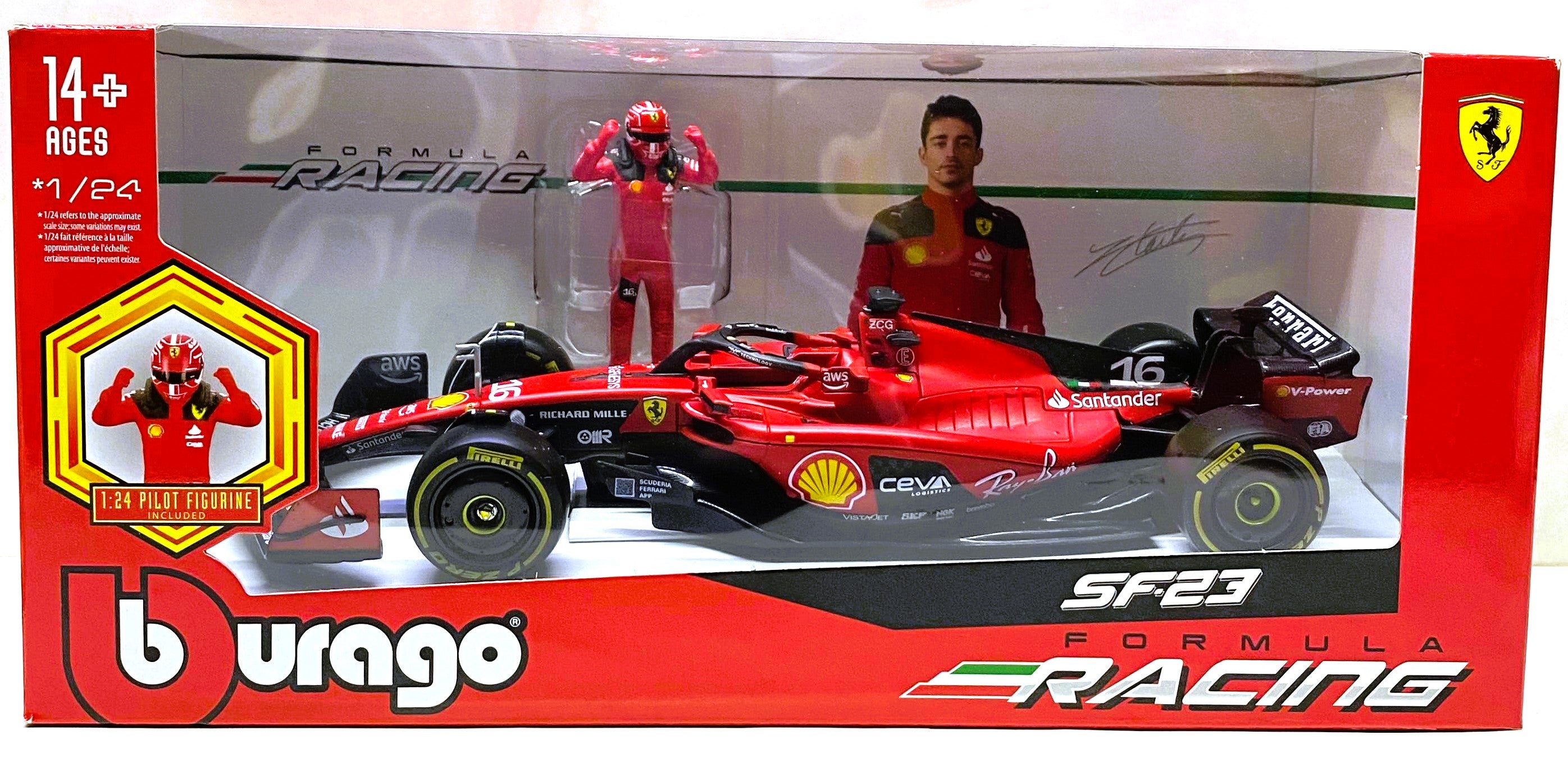Bburago 2023 F1 Ferrari SF23 Ferrari Racing Team #16 Racing C Leclerc car 1/24 with Figure