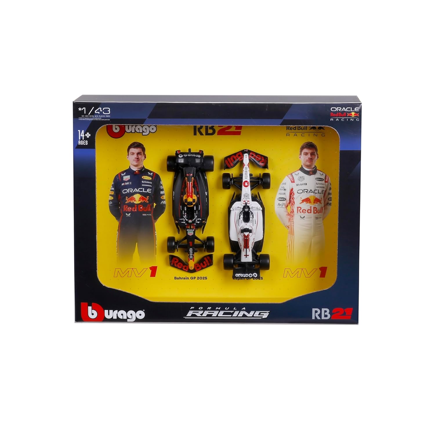 Bburago 2025 Red Bull Racing Team twin cars of Max Verstappen, 1/43 scale miniature cars RB21 formula 1 car
