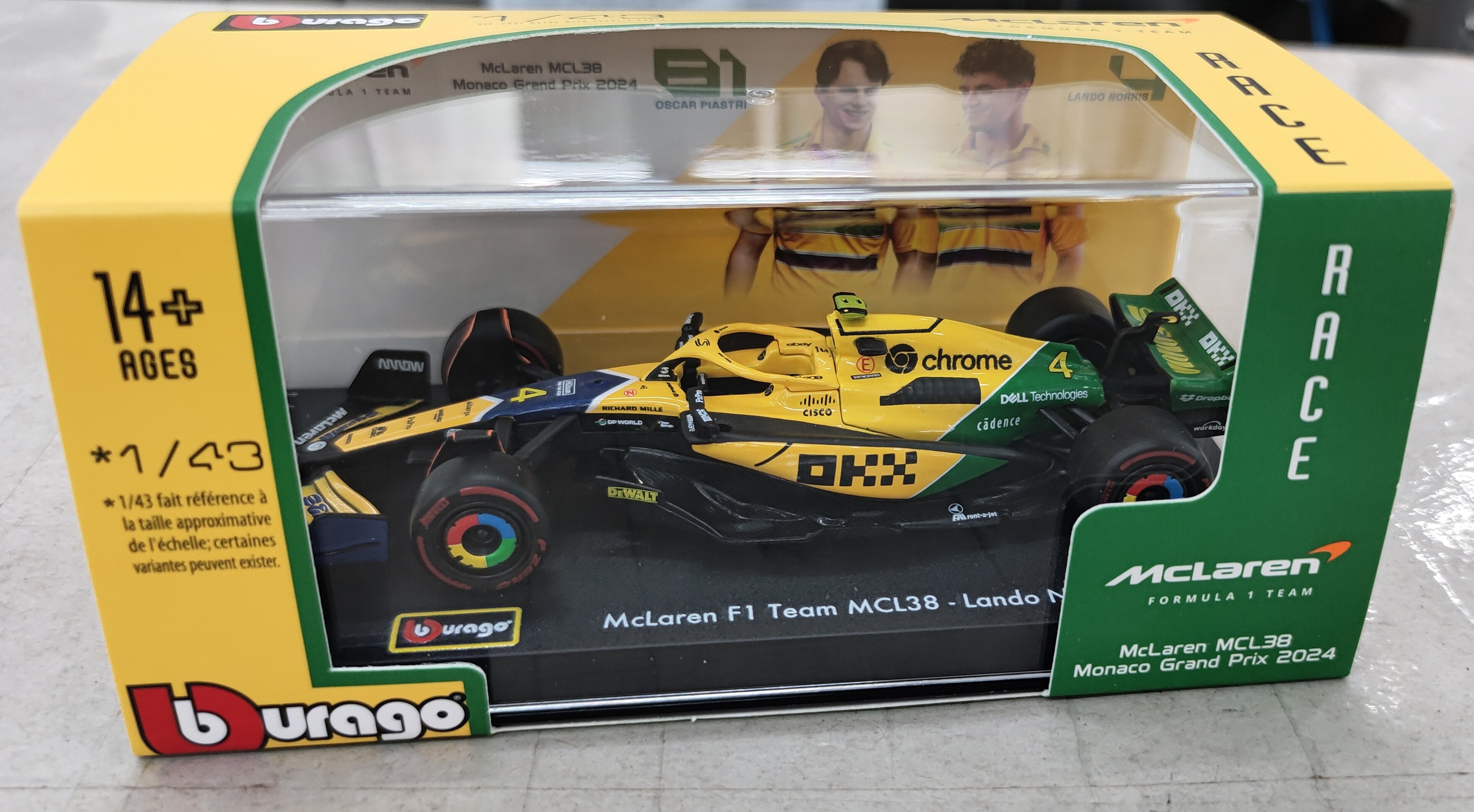 Bburago F1 MCLAREN MCL38 2024 Lando Norris -Monaco GP 1/43 Scale Model
