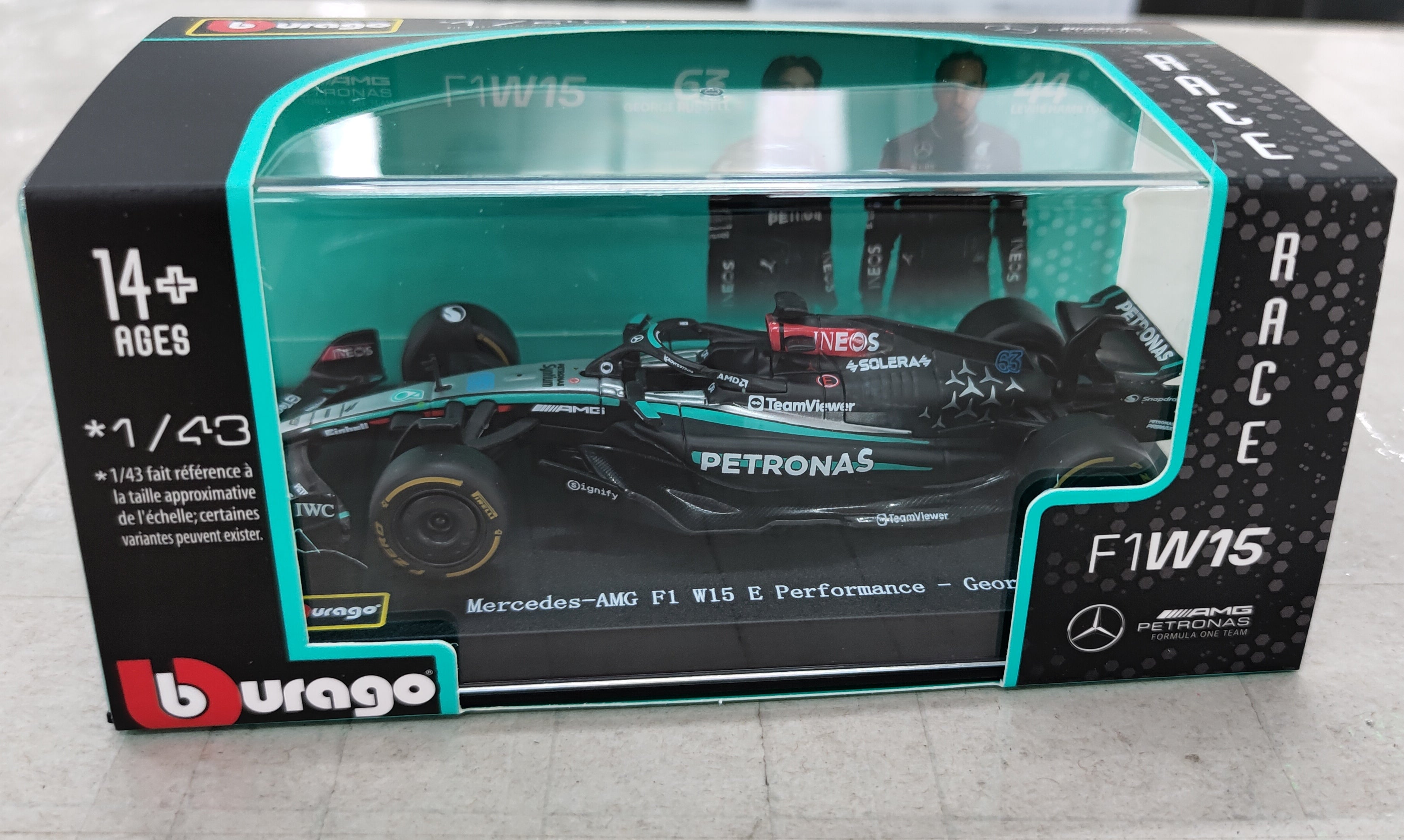 Bburago MERCEDES AMG PETRONAS 2024 F1 W15 E Performance no. 63 George Russell 1/43
