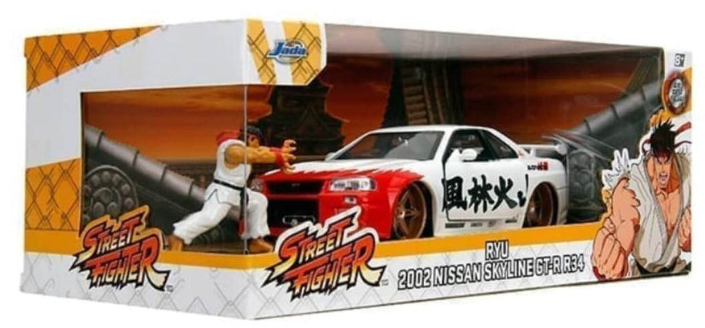 Jada Street Fighter Hollywood Rides 2002 Nissan Skyline GT-R R-34 Die-Cast Car and Ryu Figure 1/24 car by Jada