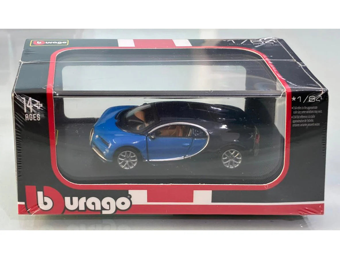 Bburago Bugatti Chiron Blue 1/64 Scale Model diecast car with display case