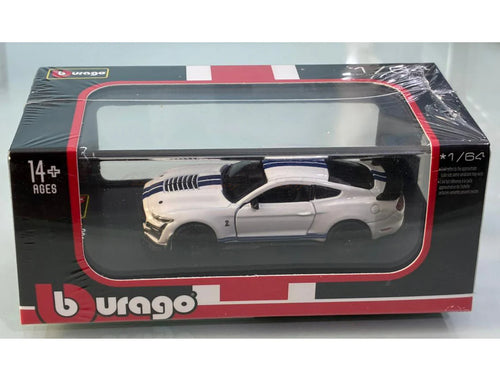 Bburago 2020 Shelby Mustang GT500 white 1/64 Scale Model diecast car with display case