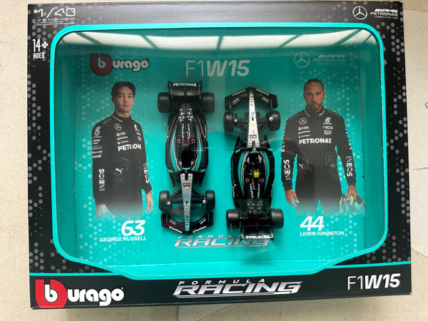 Bburago 2024 Mercedes Benz Racing Team twin cars by Lewis Hamilton and George Russell , 1/43 scale miniature cars W15 formula 1 car