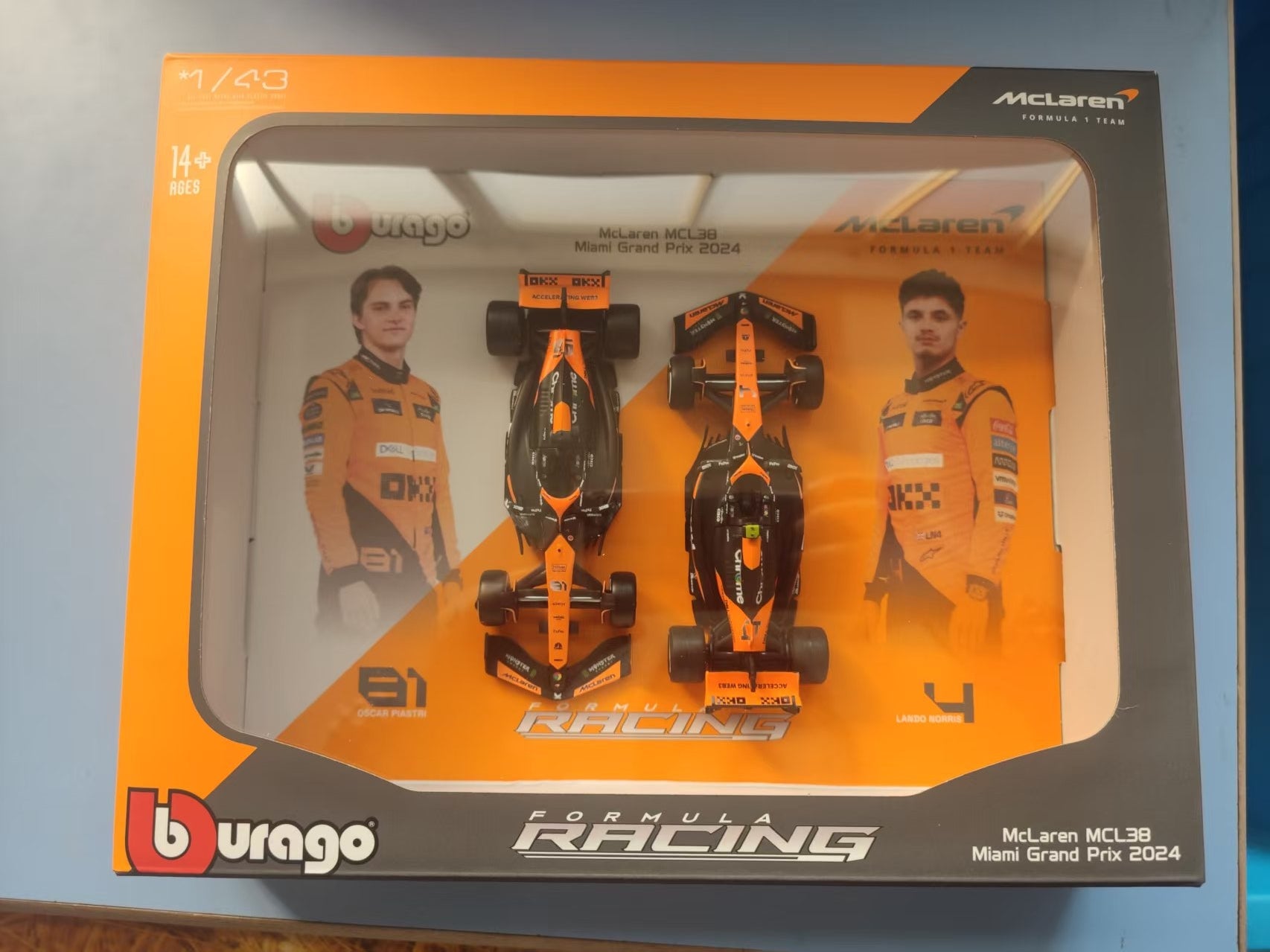 Bburago 2024 McLaren Miami Racing Team twin cars by Lando Norris and Oscar piastri, 1/43 scale miniature cars MCL38 formula 1 car
